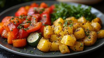 Colorful plate of diced vegetables with fresh herbs served on a dark background photo