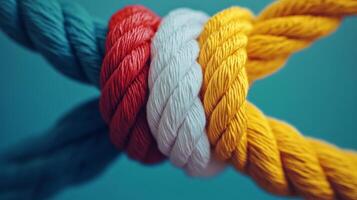 Colorful ropes intertwined together create a vibrant visual display with bold textures photo
