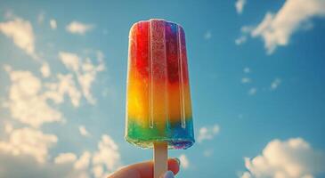 Colorful rainbow popsicle against a clear blue sky on a sunny day photo