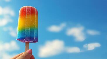 Colorful rainbow popsicle against a clear blue sky on a sunny day photo