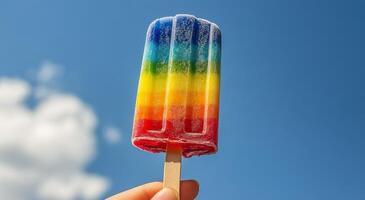 Colorful rainbow popsicle against a clear blue sky on a sunny day photo