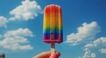 Colorful rainbow popsicle against a clear blue sky on a sunny day photo