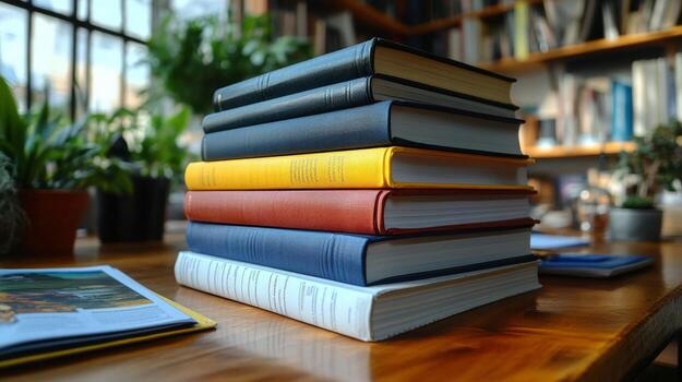 Colorful stack of books on a wooden table in a cozy reading nook with plants photo