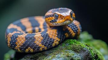 Colorful snake resting on mossy rock in a lush tropical environment photo
