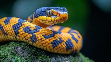 Colorful snake resting on mossy rock in a lush tropical environment photo