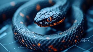 Colorful snake resting on mossy rock in a lush tropical environment photo
