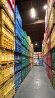 Colorful storage crates arranged in a warehouse with organized stacks in various colors photo