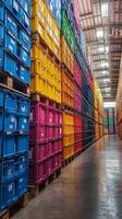 Colorful storage crates arranged in a warehouse with organized stacks in various colors photo
