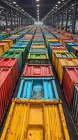 Colorful storage crates arranged in a warehouse with organized stacks in various colors photo