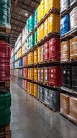Colorful storage crates arranged in a warehouse with organized stacks in various colors photo