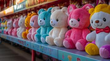 Colorful stuffed bears displayed at a fair booth with vibrant prizes in the background photo