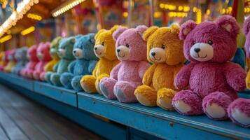 Colorful stuffed bears displayed at a fair booth with vibrant prizes in the background photo