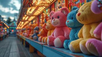Colorful stuffed bears displayed at a fair booth with vibrant prizes in the background photo