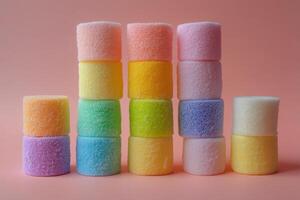 Colorful stacked sponges arranged in a gradient pattern on a soft pink background photo