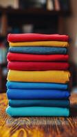 Colorful stack of folded clothes in a textile shop with crafting materials in the background photo