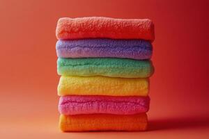 Colorful stacked sponges arranged in a gradient pattern on a soft pink background photo