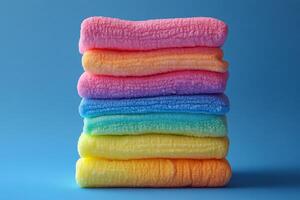 Colorful stacked sponges arranged in a gradient pattern on a soft pink background photo