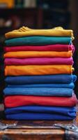 Colorful stack of folded clothes in a textile shop with crafting materials in the background photo