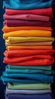 Colorful stack of folded clothes in a textile shop with crafting materials in the background photo