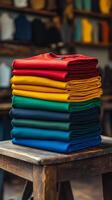 Colorful stack of folded clothes in a textile shop with crafting materials in the background photo