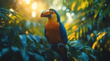 Colorful toucan perched on vibrant flowers under a clear blue sky in a tropical setting photo