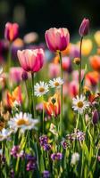 Colorful spring flowers bloom in a vibrant garden during daylight hours photo