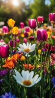Colorful spring flowers bloom in a vibrant garden during daylight hours photo