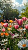 Colorful spring flowers bloom in a vibrant garden during daylight hours photo