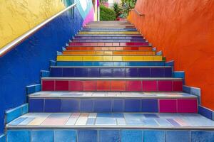 Colorful tiled staircase leading up in a vibrant cultural venue in a city photo