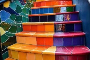 Colorful tiled staircase leading up in a vibrant cultural venue in a city photo
