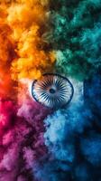 Colorful smoke clouds create an artistic representation of the Indian flag in vibrant hues photo