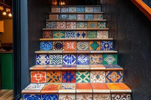 Colorful tiled staircase leading up in a vibrant cultural venue in a city photo