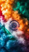 Colorful smoke clouds create an artistic representation of the Indian flag in vibrant hues photo