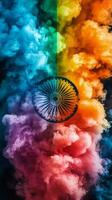 Colorful smoke clouds create an artistic representation of the Indian flag in vibrant hues photo