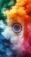 Colorful smoke clouds create an artistic representation of the Indian flag in vibrant hues photo