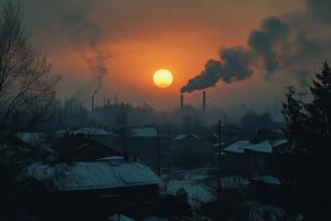 Colorful sunset over snowy street with factory smoke in background during winter evening photo