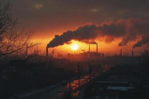 Colorful sunset over snowy street with factory smoke in background during winter evening photo