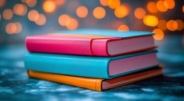Colorful stack of books with soft bokeh lights in the background during evening photo