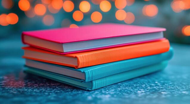 vistoso apilar de libros con suave bokeh luces en el antecedentes durante noche foto