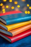 Colorful stacked notebooks on blue surface with sparkling lights in the background during evening hours photo