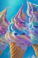 Colorful swirl ice cream cones displayed against a bright blue background photo