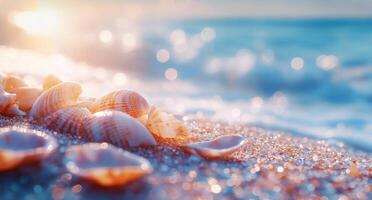 Colorful seashells glimmering on wet sand by the shore at sunset photo