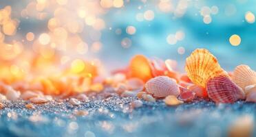 Colorful seashells glimmering on wet sand by the shore at sunset photo