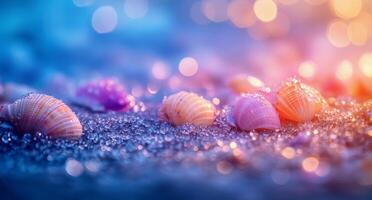 Colorful seashells glimmering on wet sand by the shore at sunset photo