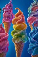 Colorful swirl ice cream cones displayed against a bright blue background photo
