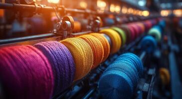 Colorful spools of yarn arranged on a rack in a textile workshop during the evening photo