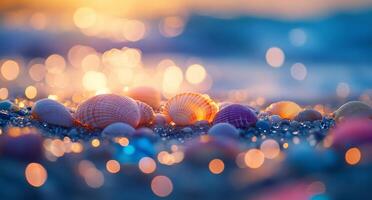Colorful seashells glimmering on wet sand by the shore at sunset photo
