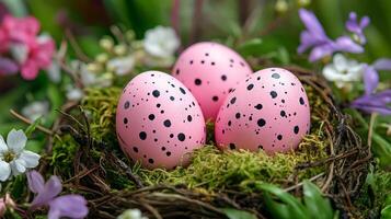 Colorful speckled eggs nestled in a vibrant spring garden with blooming flowers and greenery photo