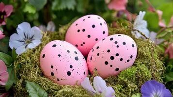 Colorful speckled eggs nestled in a vibrant spring garden with blooming flowers and greenery photo