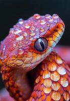 Colorful snake showcased with intricate scales and bright hues in a close-up shot photo